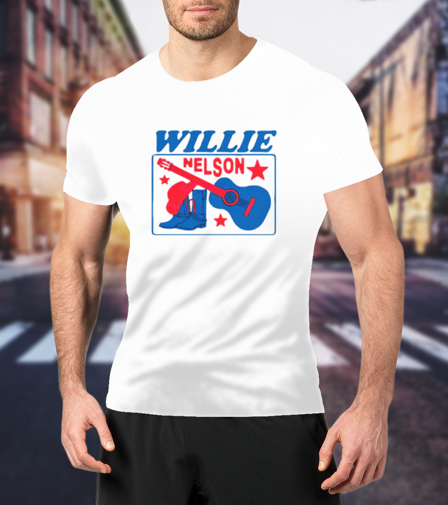 WILLIE NELSON Guitar Cowboy Boots Hat Stars T-Shirt