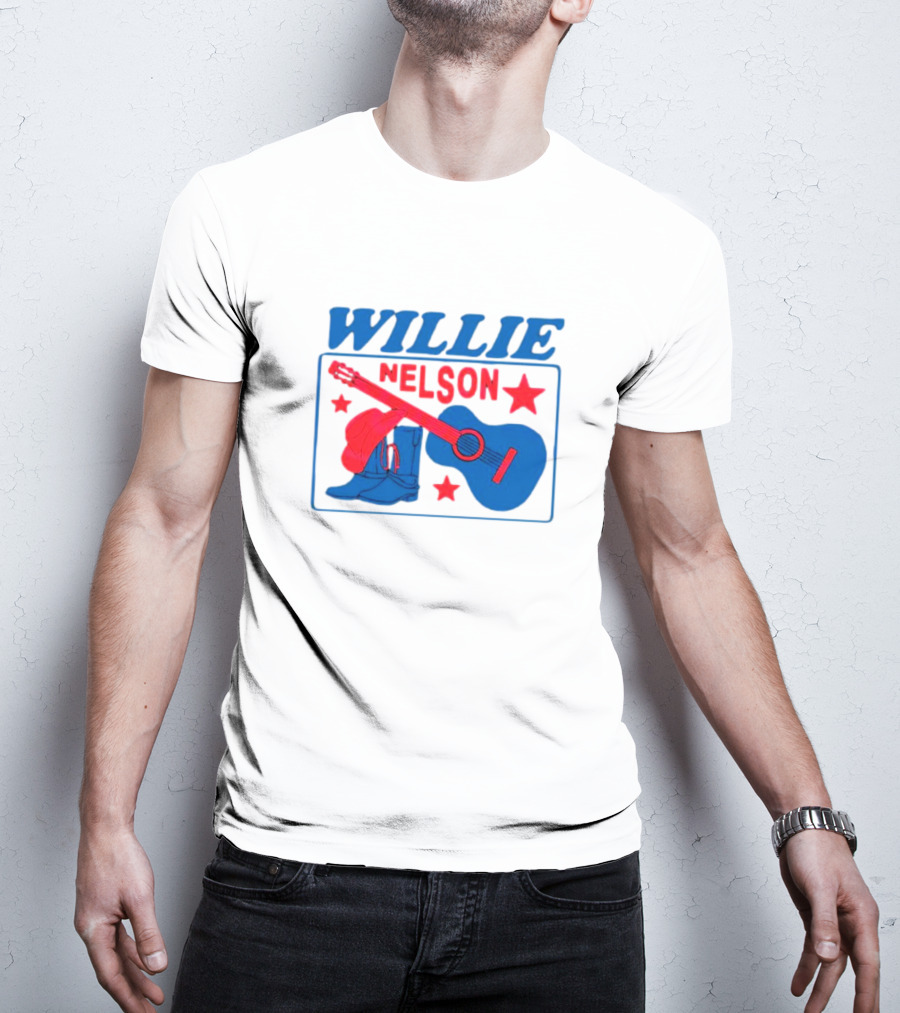 WILLIE NELSON Guitar Cowboy Boots Hat Stars T-Shirt
