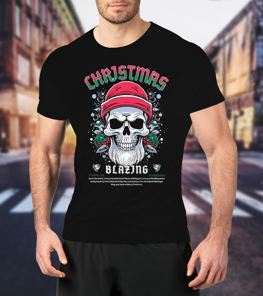 CHAJISMIS Blazing Skull Joy To The World Merry Christmas T-Shirt