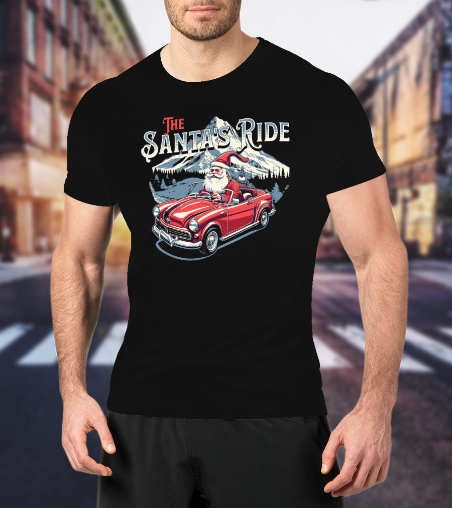 The Santa's Ride With Classic Red Convertible In Winter Mountain Scene T-Shirt