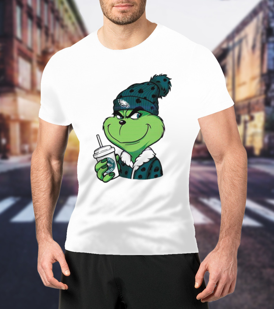 Grinch Holding Cup Wearing Philadelphia Eagles Beanie T-Shirt