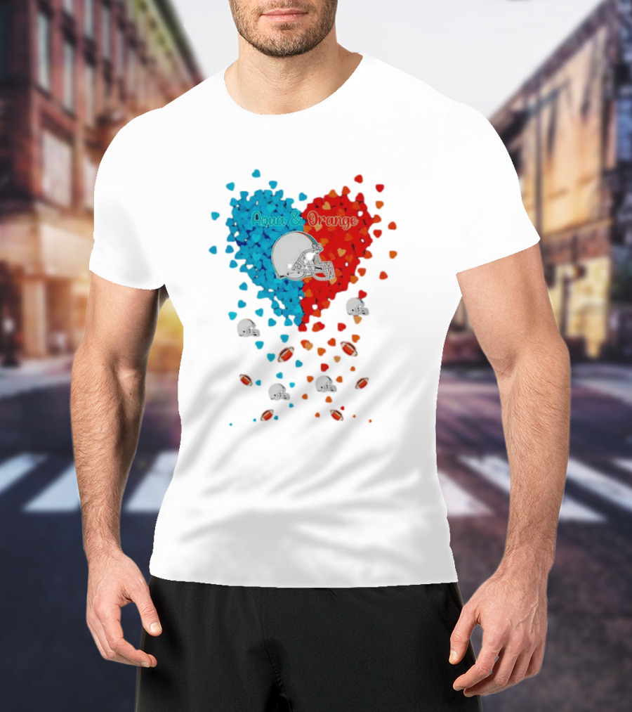 Miami Dolphins Aqua And Orange Heart With Football Helmets And Hearts T-Shirt