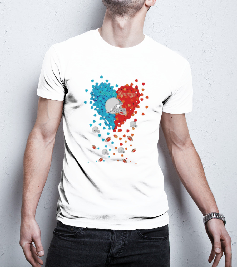 Miami Dolphins Aqua And Orange Heart With Football Helmets And Hearts T-Shirt