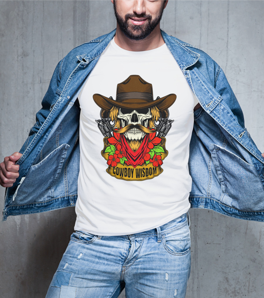 Cowboy Wisdom Skull Western Skeleton Bandana Pistols Flowers T-Shirt