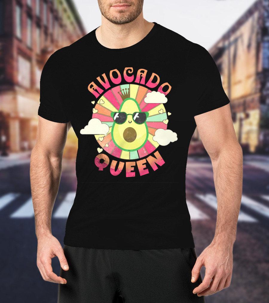 Kawaii Avocado Queen Retro Rainbow Sunburst With Clouds And Sunglasses T-Shirt