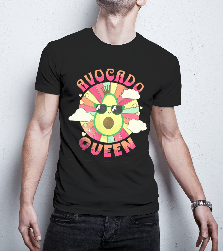 Kawaii Avocado Queen Retro Rainbow Sunburst With Clouds And Sunglasses T-Shirt