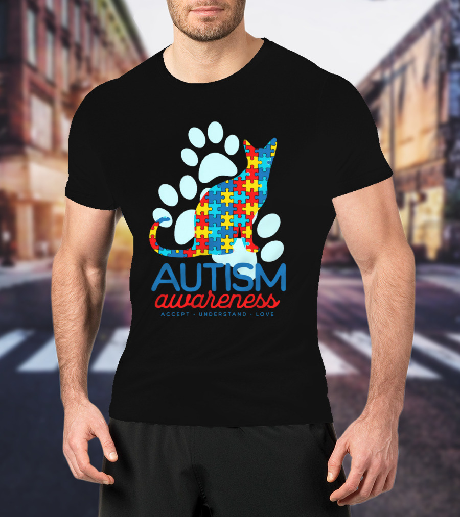 Autism Awareness Accept Understand Love Puzzle Cat Paw T-Shirt