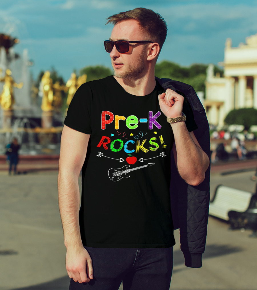 Pre-K Rocks Funny Kids Teachers Back To School With Guitar And Apple T-Shirt