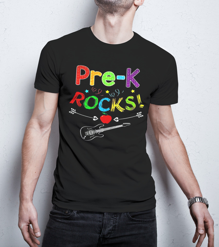 Pre-K Rocks Funny Kids Teachers Back To School With Guitar And Apple T-Shirt