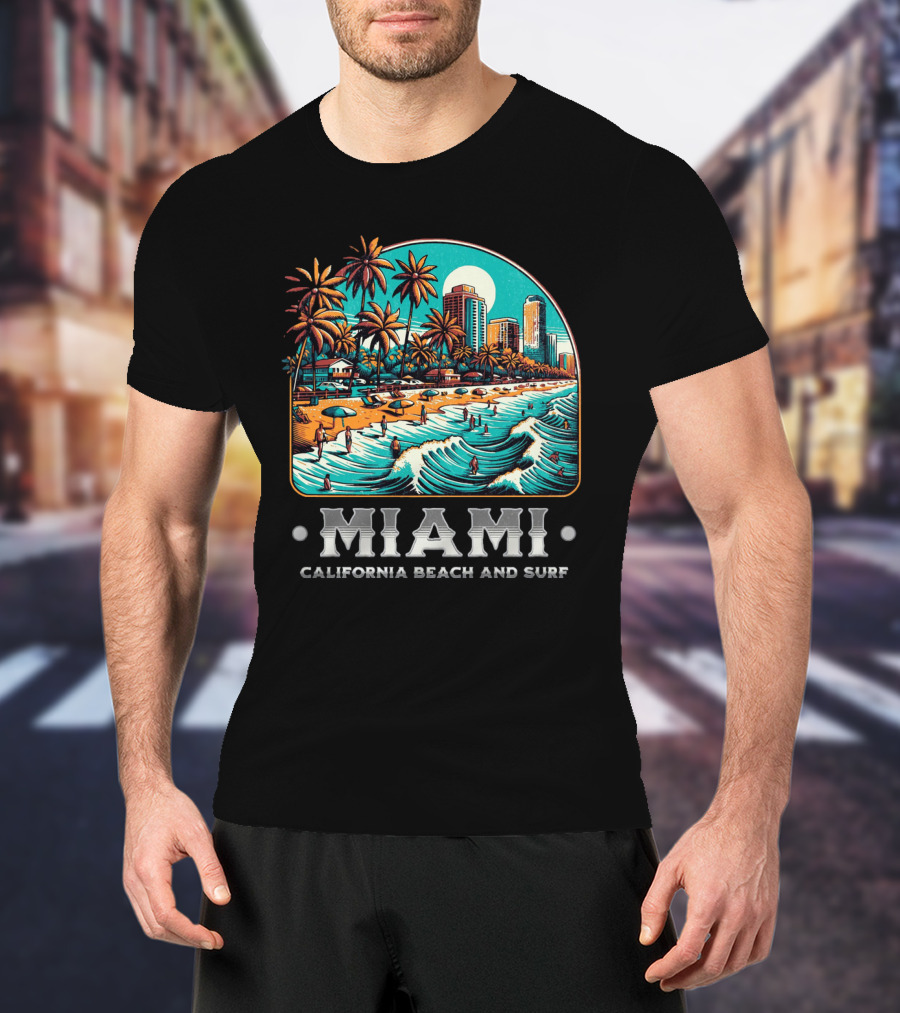 Miami Beach And Surf California Palm Skyline Ocean Waves T-Shirt