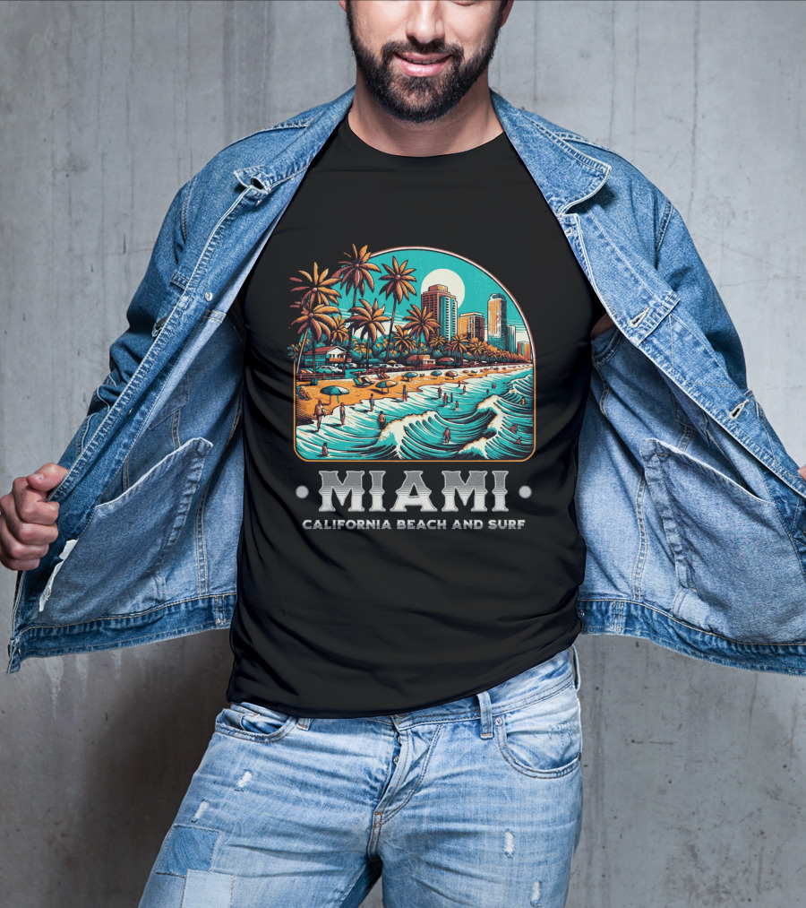 Miami Beach And Surf California Palm Skyline Ocean Waves T-Shirt