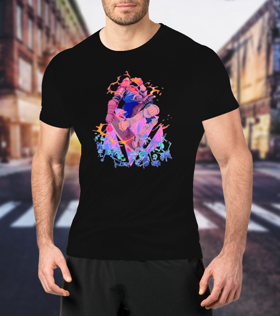 Skateboard Knight Neon Fantasy Warrior On Shredding Skeletons T-Shirt