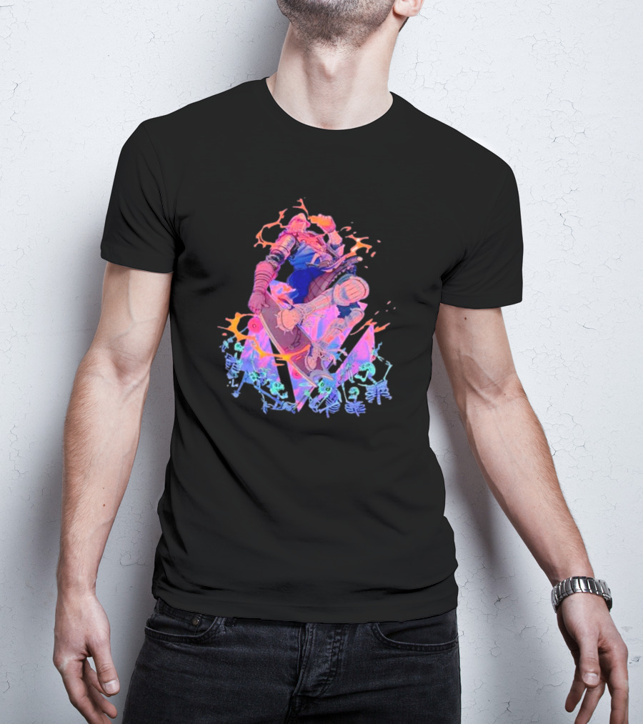 Skateboard Knight Neon Fantasy Warrior On Shredding Skeletons T-Shirt