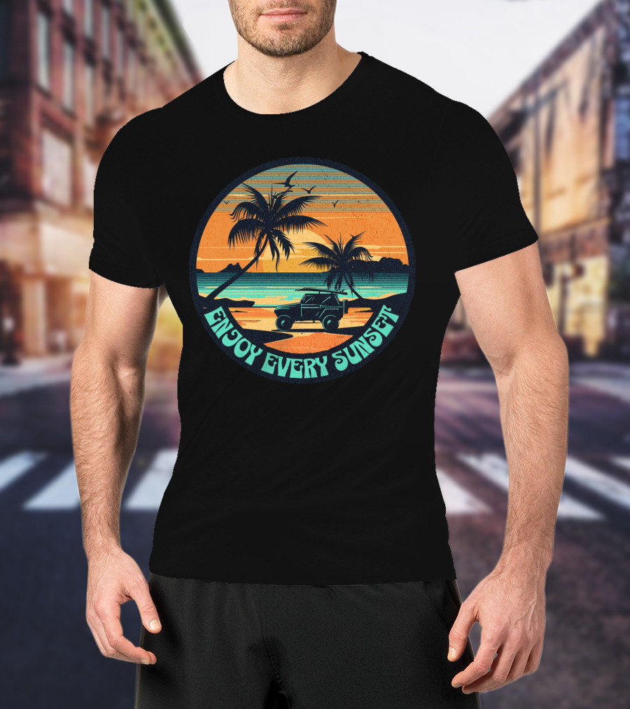 Enjoy Every Sunset Tropical Beach Jeep Adventure T-Shirt