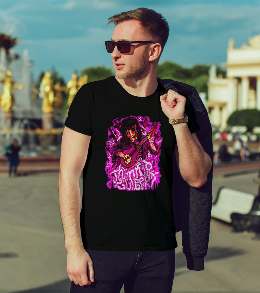 Zombie Johnnie Guilbert Playing Guitar With Purple Light And Crosses Background T-Shirt