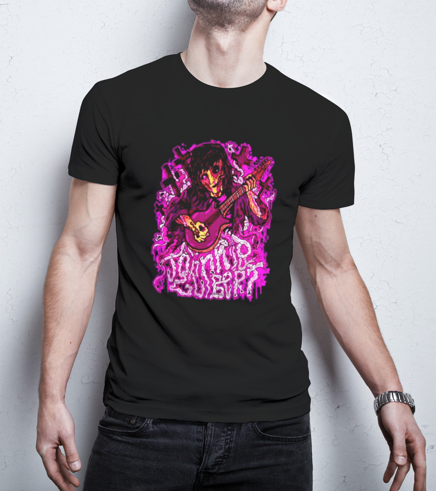Zombie Johnnie Guilbert Playing Guitar With Purple Light And Crosses Background T-Shirt