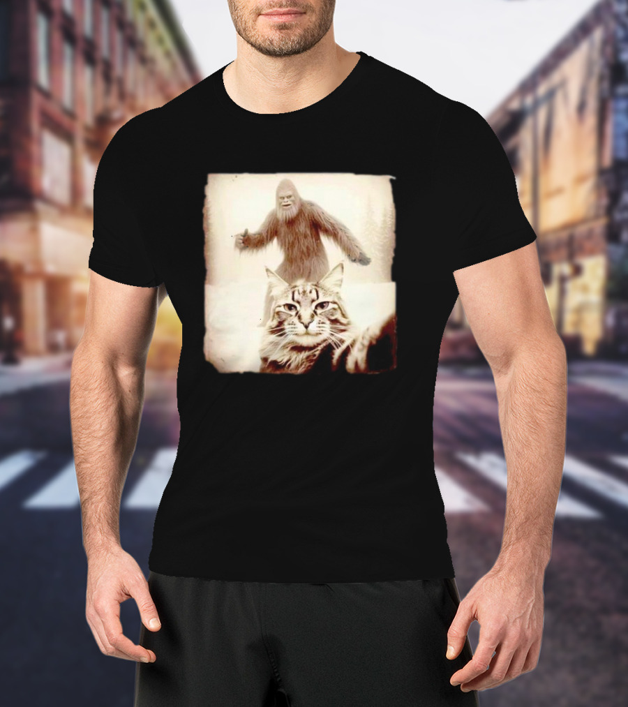 Cat Taking Selfie With Bigfoot In Snowy Forest Scene T-Shirt