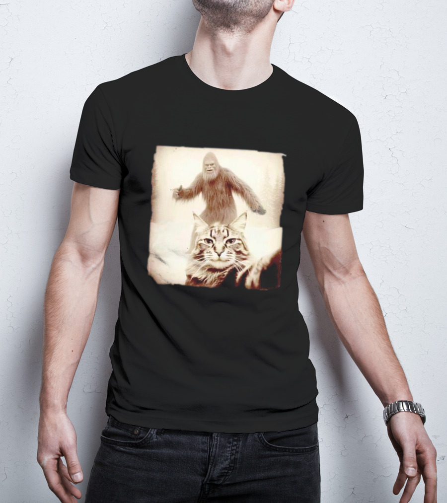 Cat Taking Selfie With Bigfoot In Snowy Forest Scene T-Shirt