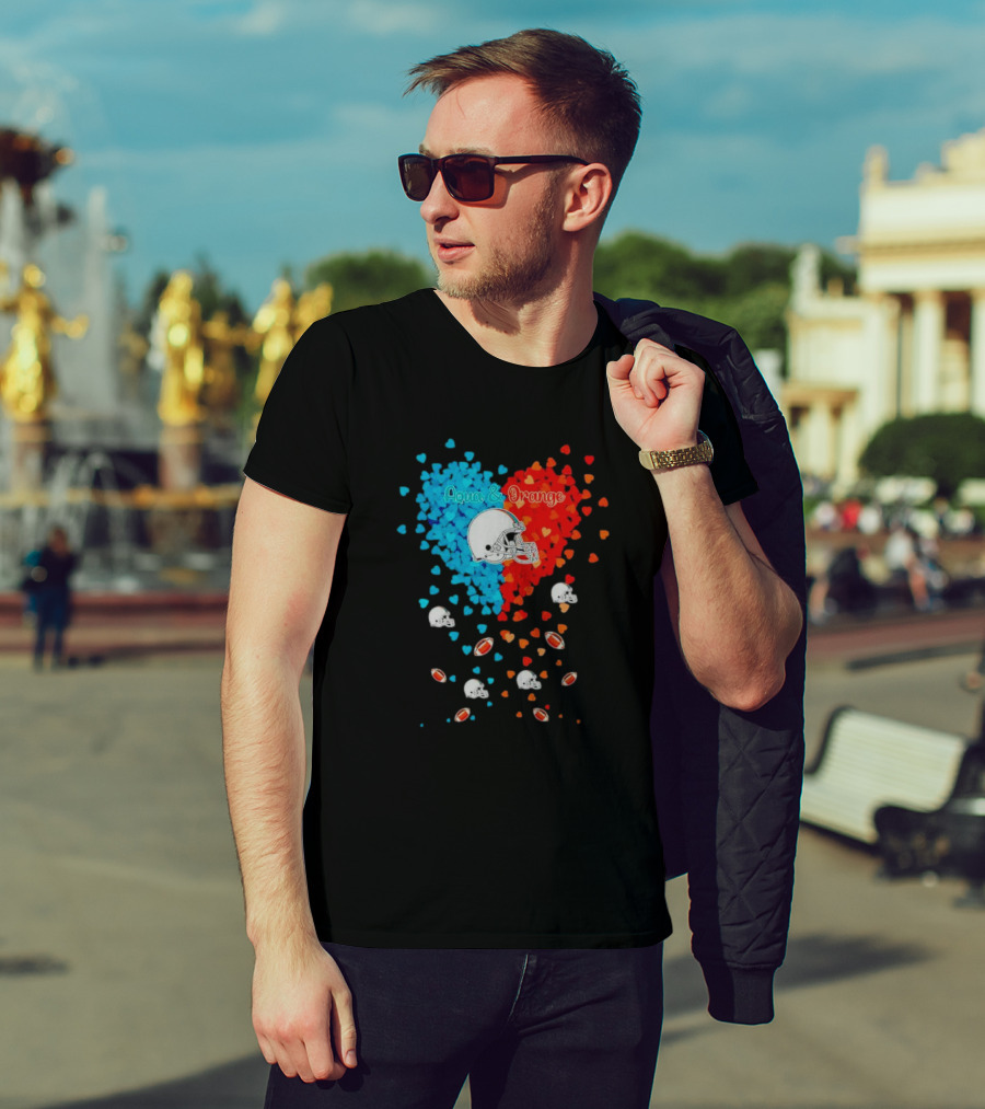 Aqua And Orange Miami Dolphins Hearts And Helmets Football T-Shirt