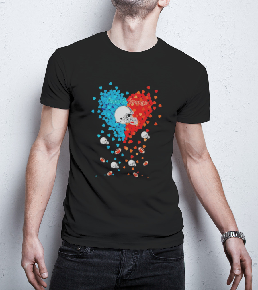 Aqua And Orange Miami Dolphins Hearts And Helmets Football T-Shirt