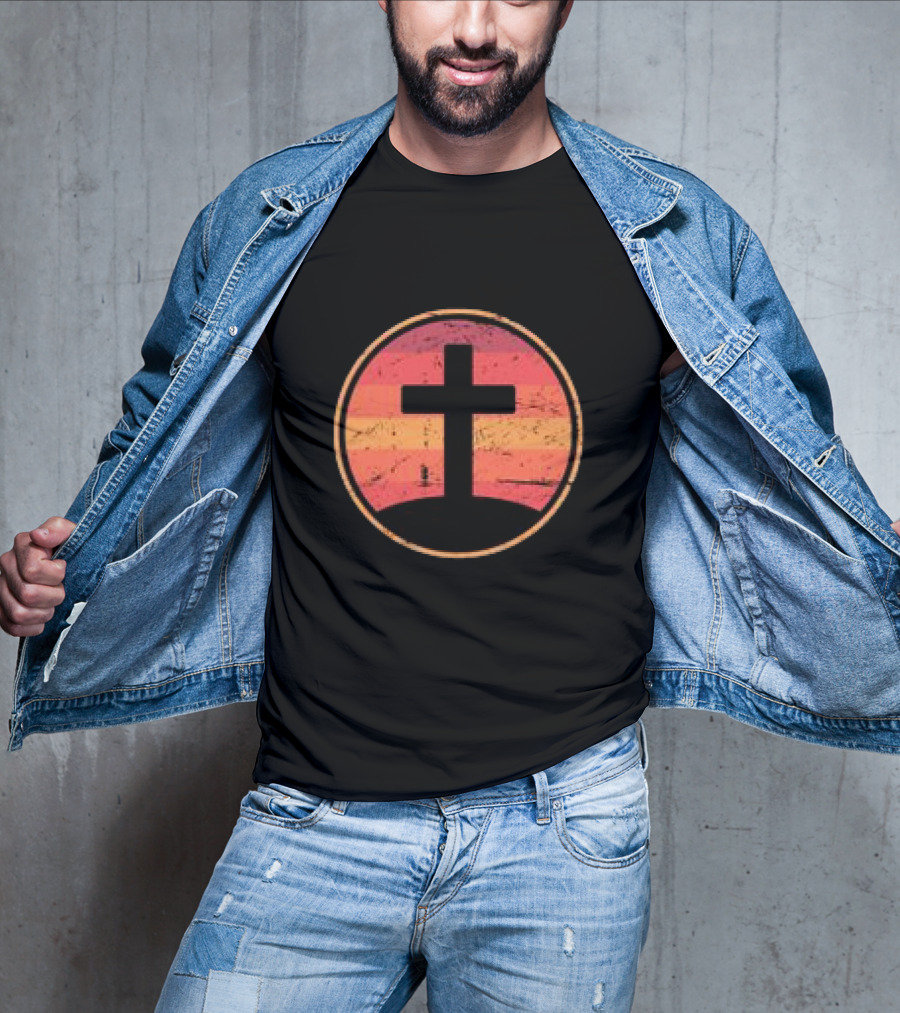 Retro Christian Cross Vintage Sunset On Champion T-Shirt