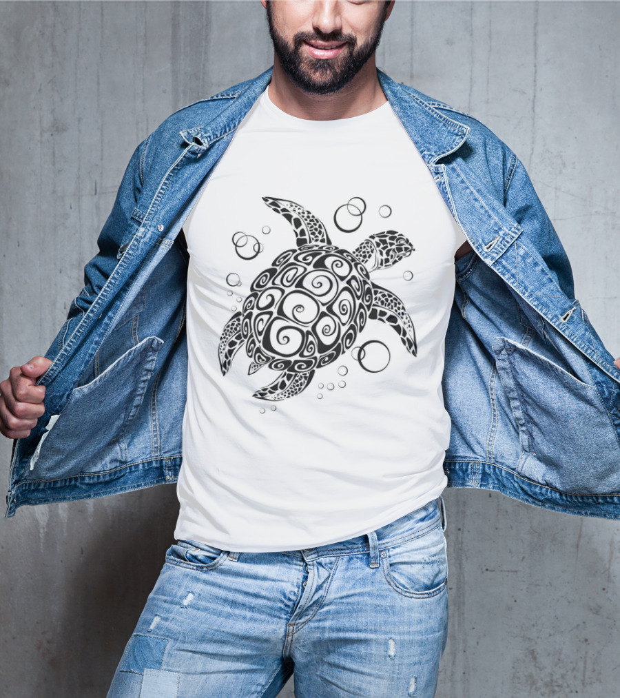 Sea Turtle Tribal Pattern With Bubbles T-Shirt