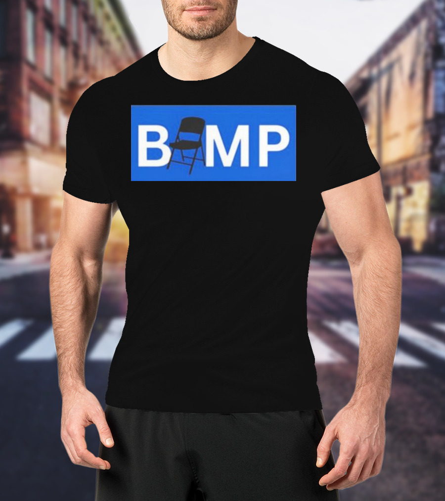 Bump Chair Logo With Folding Chair In Blue Block Letters T-Shirt