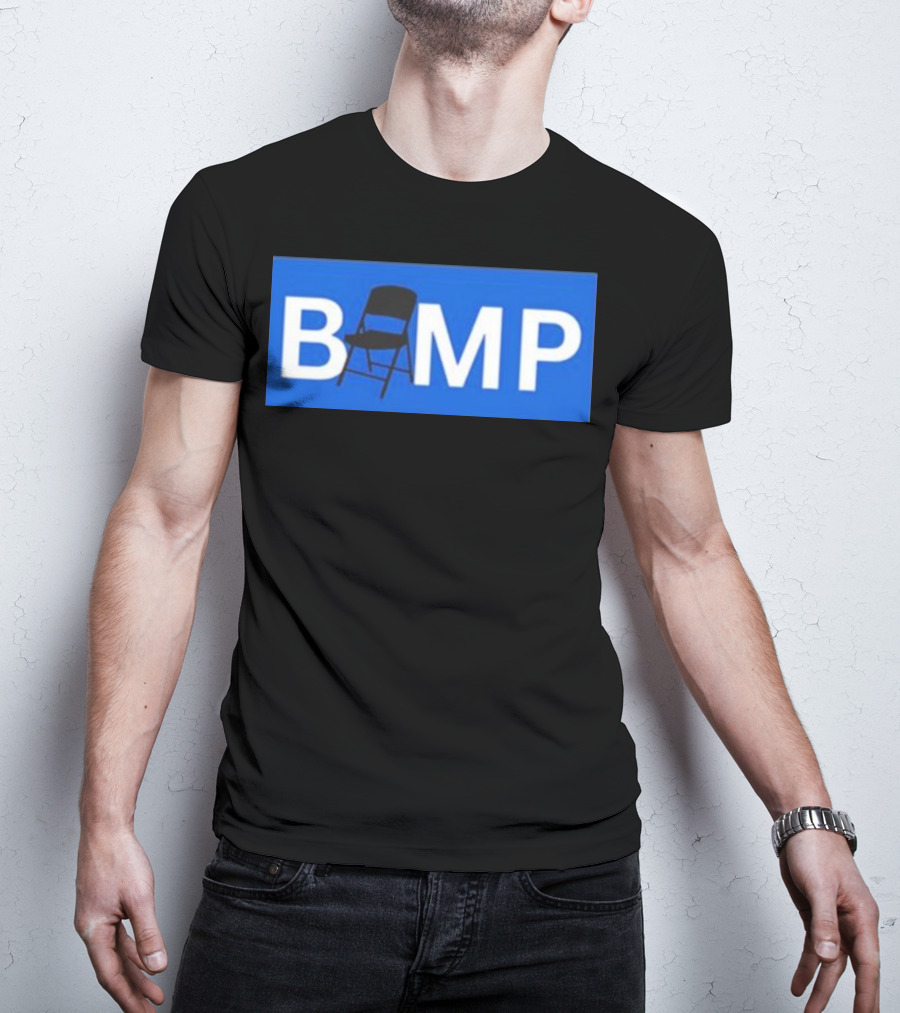 Bump Chair Logo With Folding Chair In Blue Block Letters T-Shirt