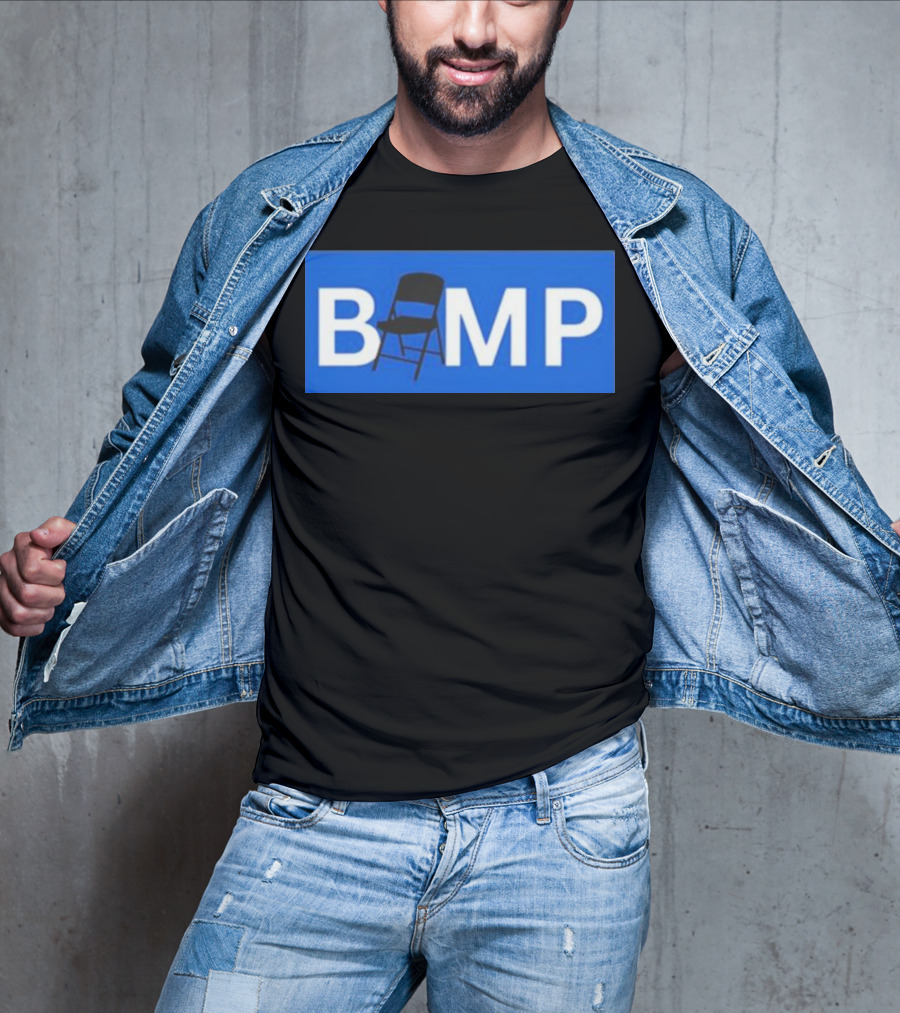 Bump Chair Logo With Folding Chair In Blue Block Letters T-Shirt
