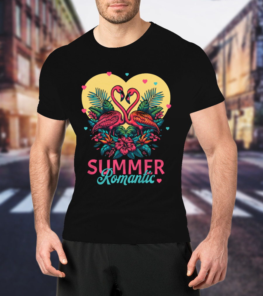 Summer Romantic Flamingo Birds Love Heart And Tropical Flowers T-Shirt