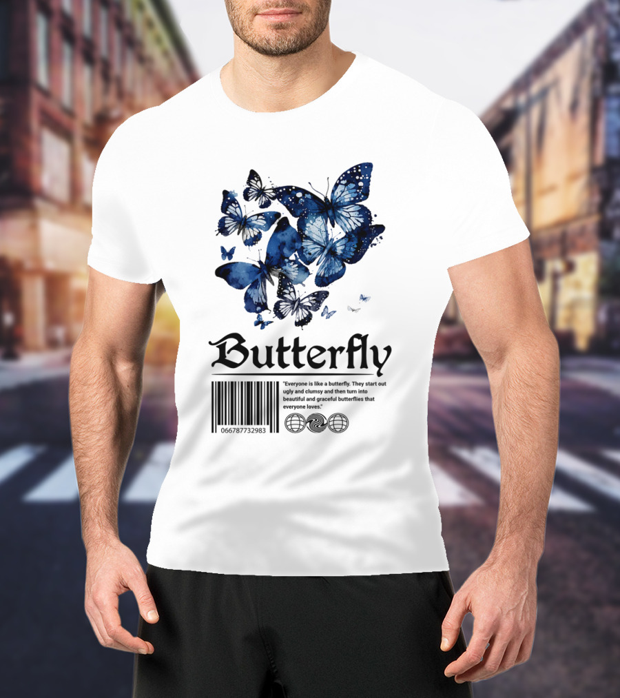 Butterfly Minimal Elegant Blue Watercolor Theme With Graceful Quote And Barcode T-Shirt