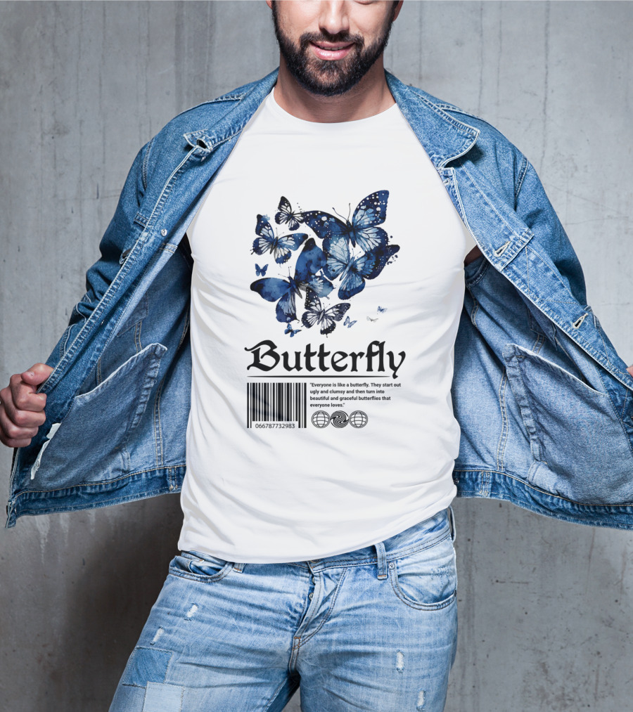 Butterfly Minimal Elegant Blue Watercolor Theme With Graceful Quote And Barcode T-Shirt