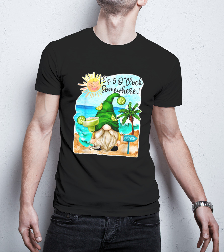 Margarita Gnome It’s 5 O’Clock Somewhere Palm Trees Beach Scene T-Shirt