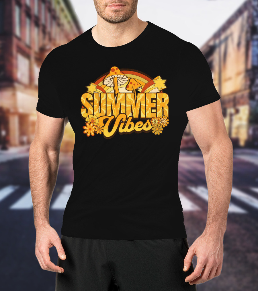 Groovy Summer Vibes With Mushroom And Flower Rainbow T-Shirt