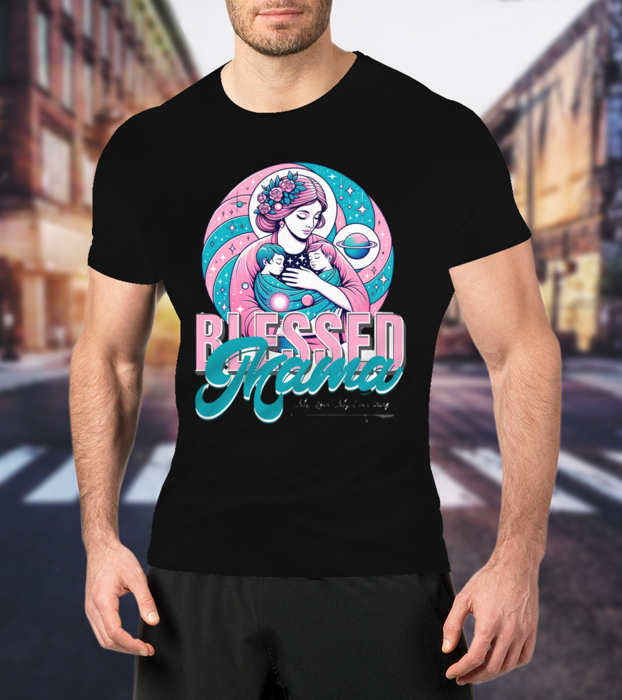 Blessed Mama Cosmic Mother With Children And Floral Halo T-Shirt