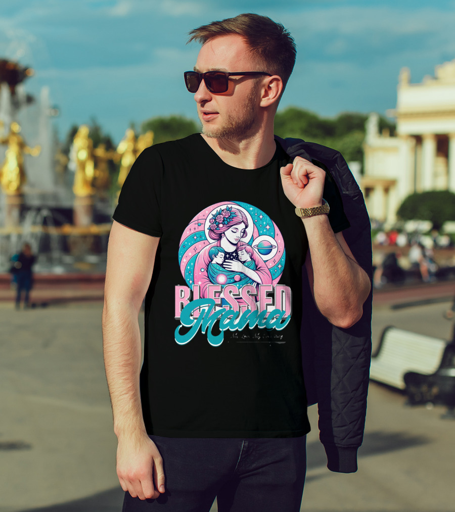 Blessed Mama Cosmic Mother With Children And Floral Halo T-Shirt