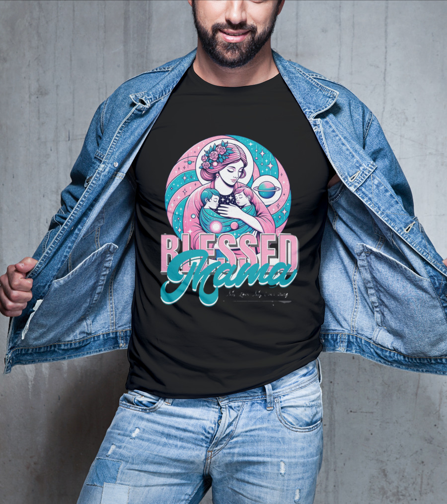 Blessed Mama Cosmic Mother With Children And Floral Halo T-Shirt