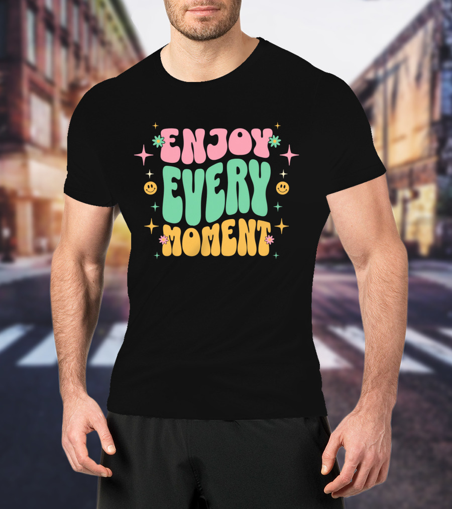 Enjoy Every Moment Retro Smiley Flowers And Stars T-Shirt
