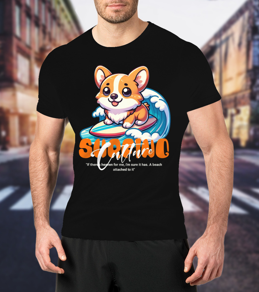 Surfing Culture Corgi On Surfboard With Wave T-Shirt