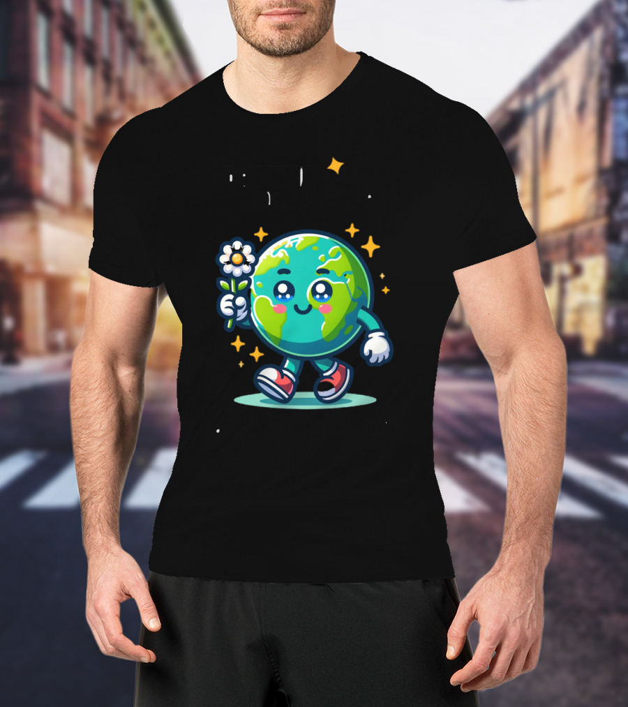Be Kind To Our Planet And To Others Cute Earth Character With Flower And Stars T-Shirt
