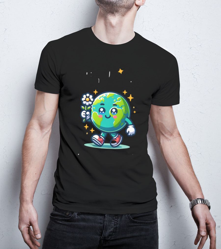 Be Kind To Our Planet And To Others Cute Earth Character With Flower And Stars T-Shirt