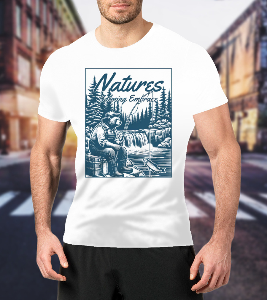 Natures Calming Embrace Bear Fishing By Waterfall T-Shirt