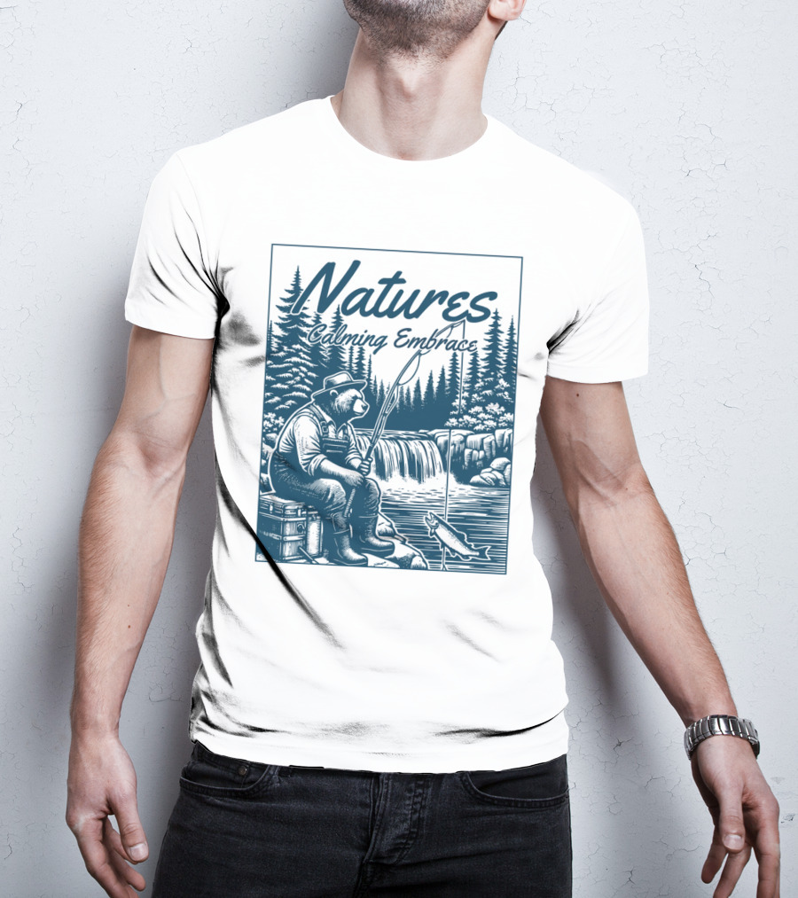 Natures Calming Embrace Bear Fishing By Waterfall T-Shirt