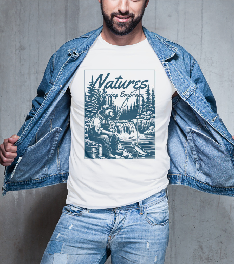 Natures Calming Embrace Bear Fishing By Waterfall T-Shirt
