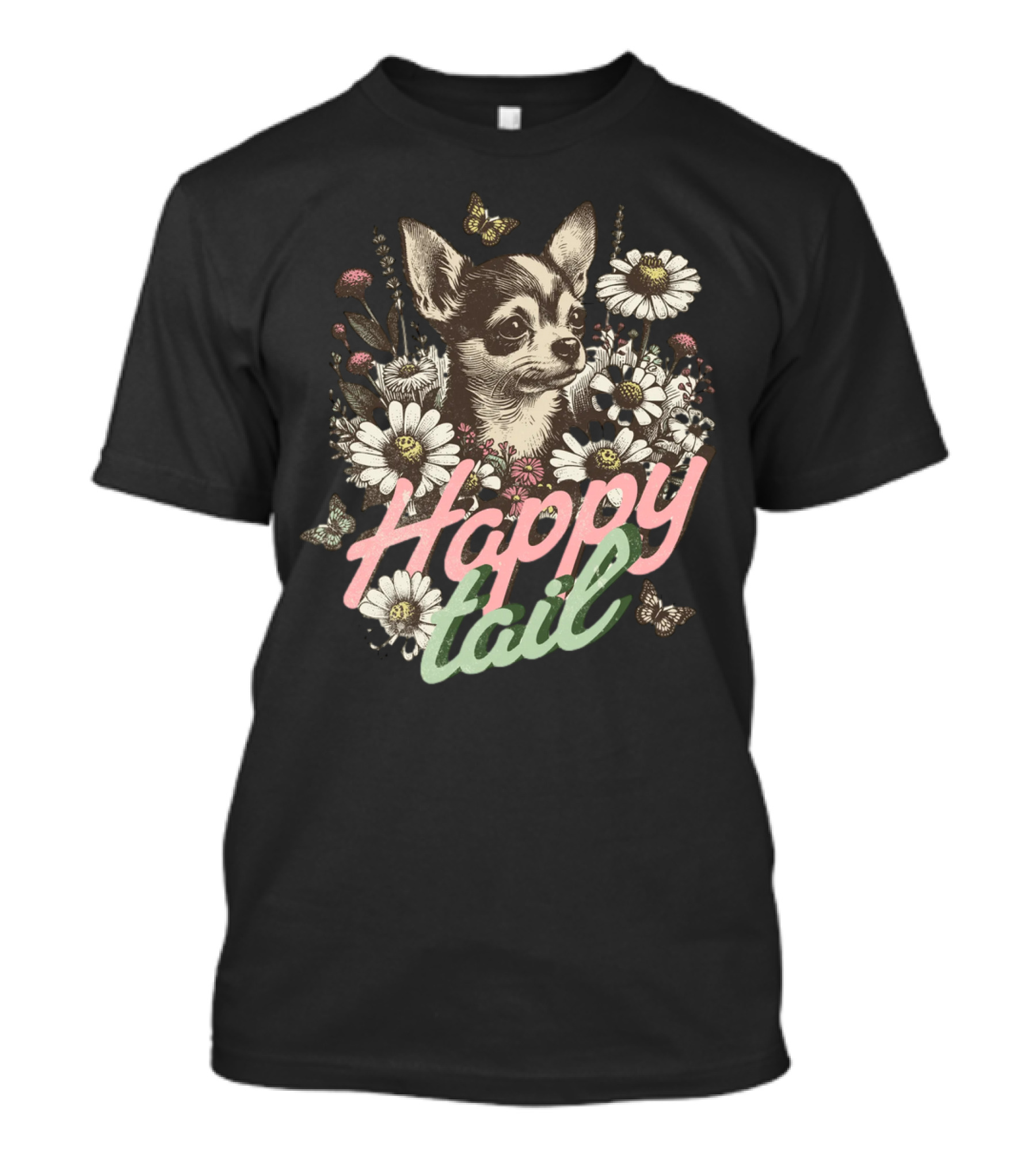 Chihuahua Dog Among Flowers Vintage Happy Tail Butterfly Daisies T-Shirt