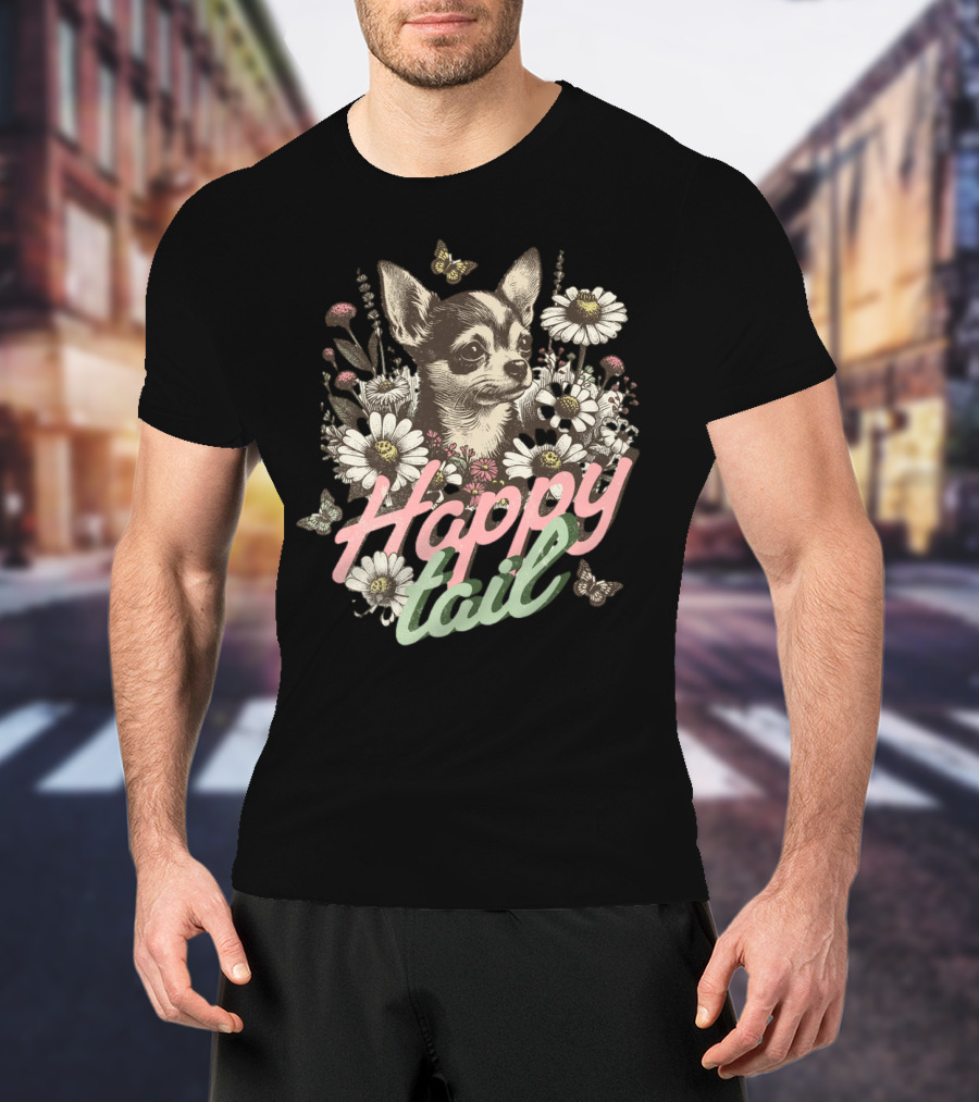 Chihuahua Dog Among Flowers Vintage Happy Tail Butterfly Daisies T-Shirt