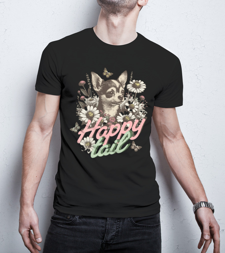 Chihuahua Dog Among Flowers Vintage Happy Tail Butterfly Daisies T-Shirt