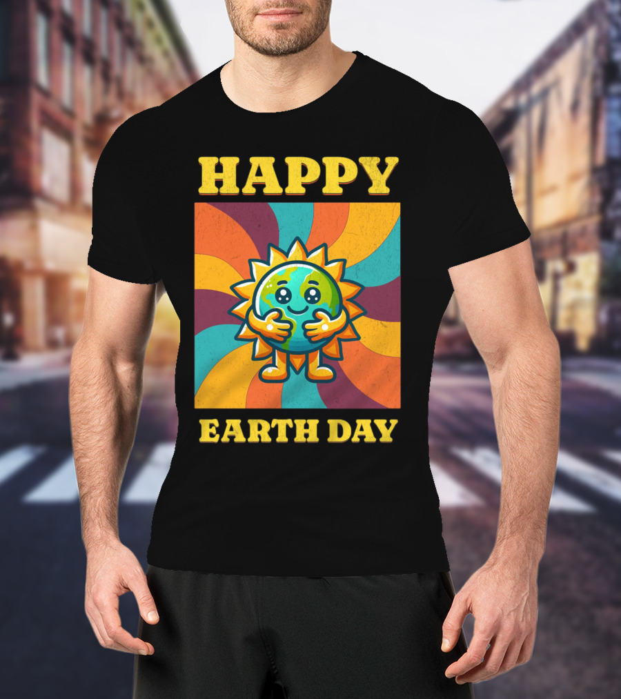 Hugging Earth Sunburst Happy Earth Day Multicolor Retro Spiral T-Shirt