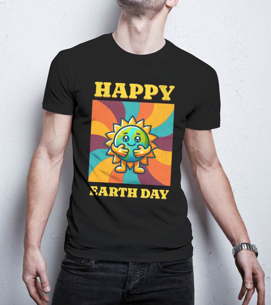 Hugging Earth Sunburst Happy Earth Day Multicolor Retro Spiral T-Shirt