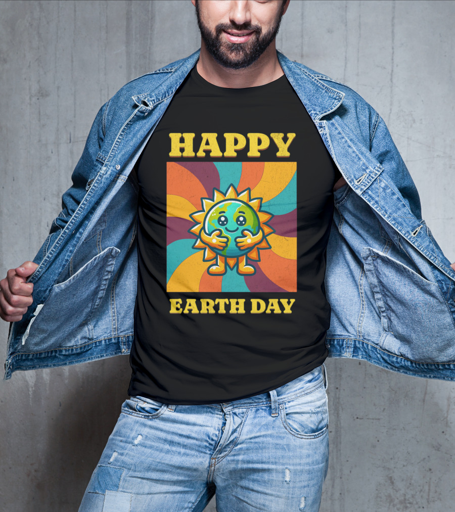 Hugging Earth Sunburst Happy Earth Day Multicolor Retro Spiral T-Shirt